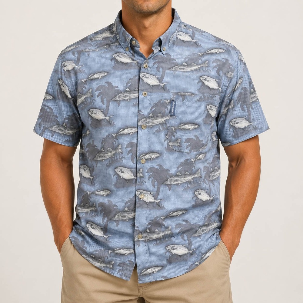 Columbia Sportswear Mens Large Blue Fish Palm Tree Print Cotton Shirt AM7057